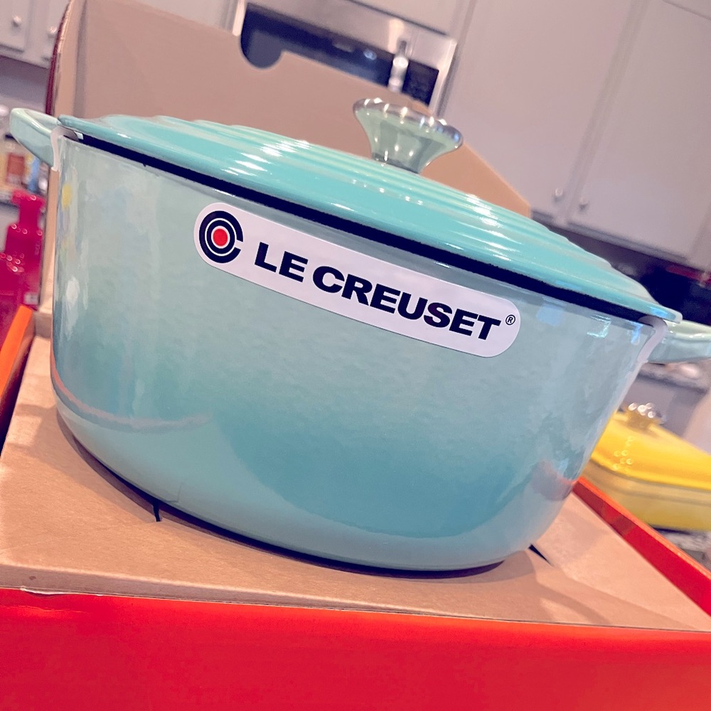 7.25 quart Le Creuset Dutch oven NIB Mint green. Rare opportunity at this price!
